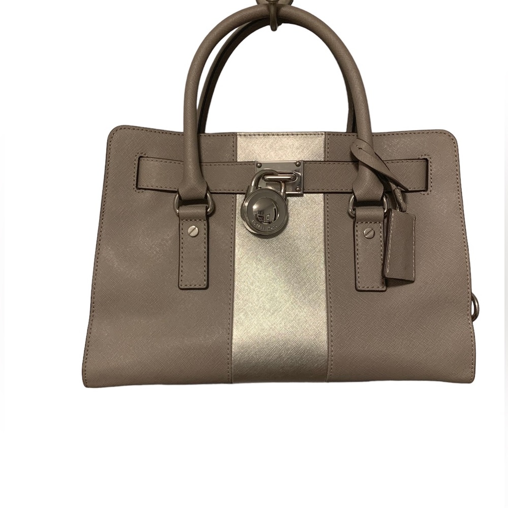 MICHAEL KORS Hamilton East West Satchel Gray with Metallic Stripe